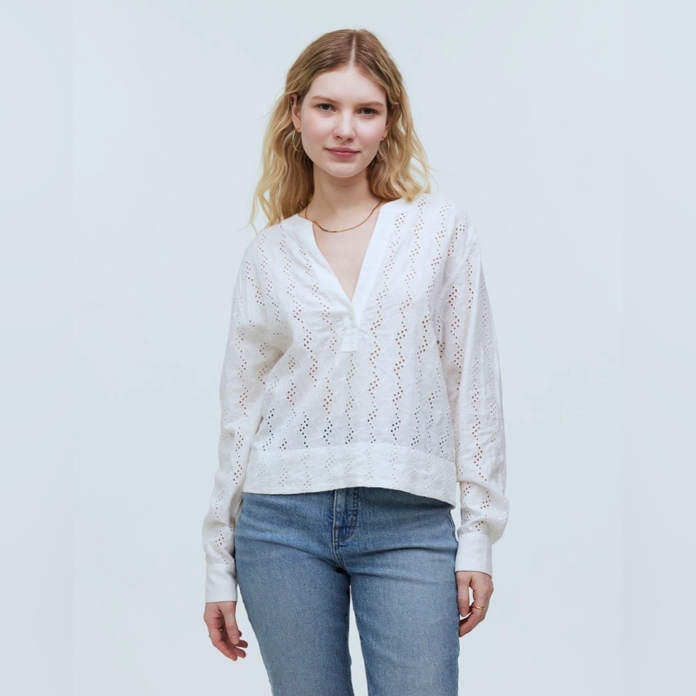NEW Madewell Women’s Small Soft White Long-Sleeve Popover Top in Eyelet NWT